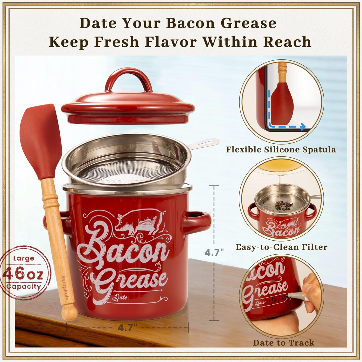 46OZ Large Capacity, With Silicone Wooden Spatula, Enamel Bacon Grease Keeper, Red