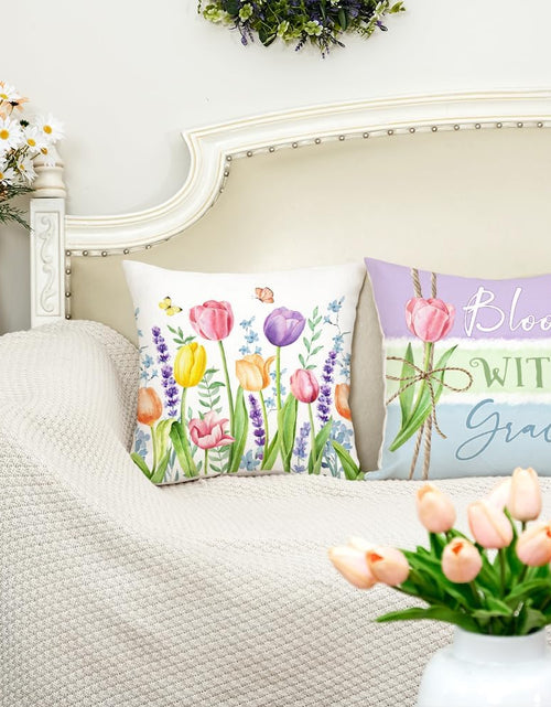 Load image into Gallery viewer, Spring Summer Throw Pillow Covers 18x18 Inch Set of 4, Floral Tulips Mason Jars Home Sweet Home
