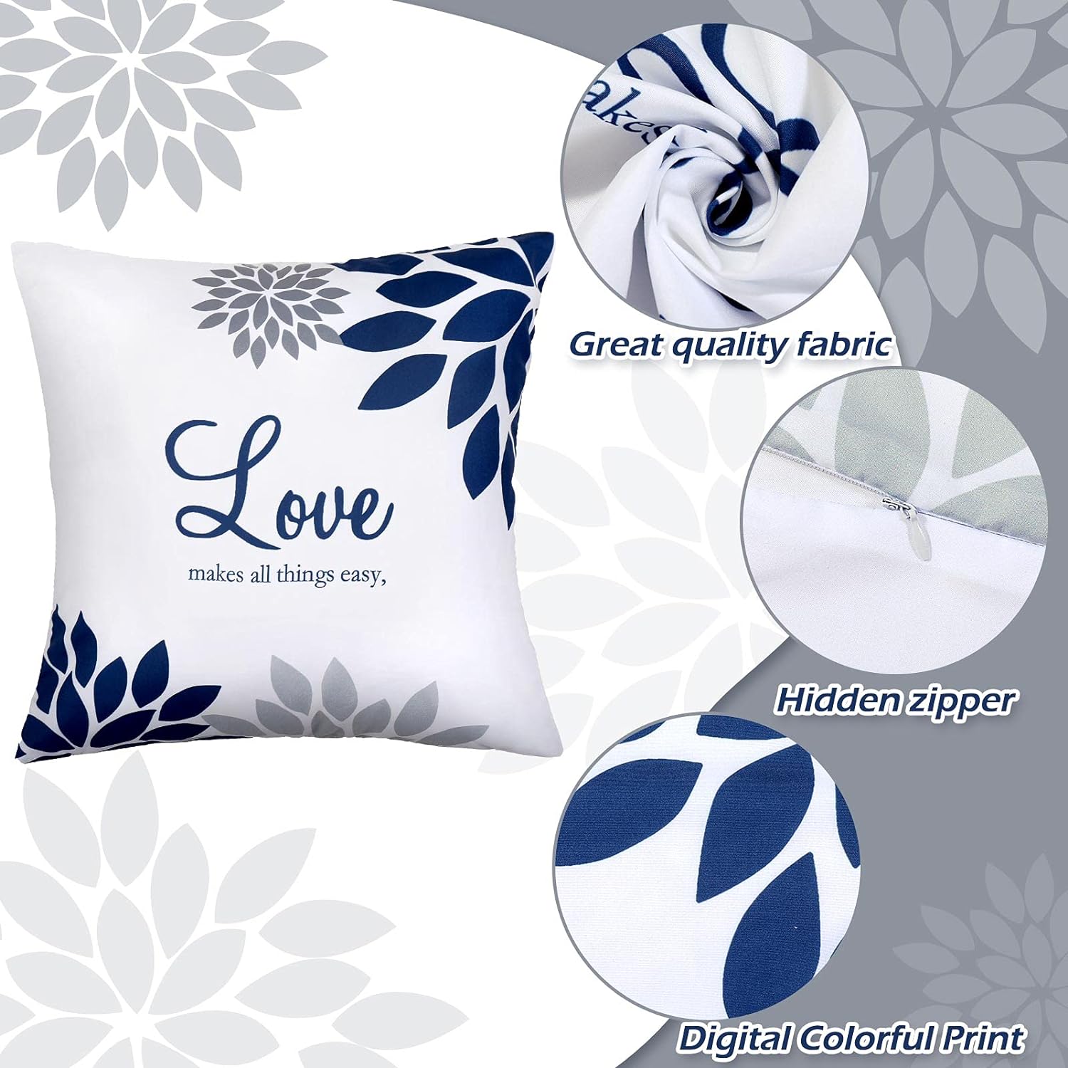 4 Pcs Yellow Flower Navy Pillow Covers Square Pillow Cushion Cases 18x18 Inch, Family Faith Hope Love Words