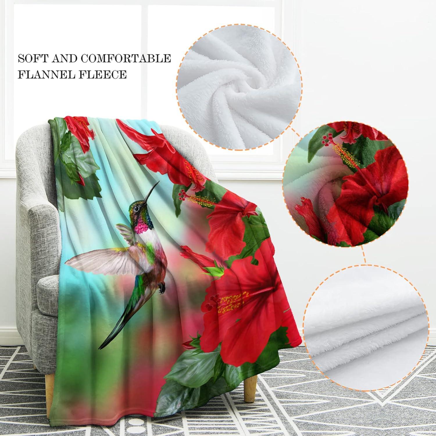 Spring Hummingbird Floral Blanket Gifts for Women Kids Girls Mom Wife Birthday Mother's Day Presents Red Flowers, 50"x60"