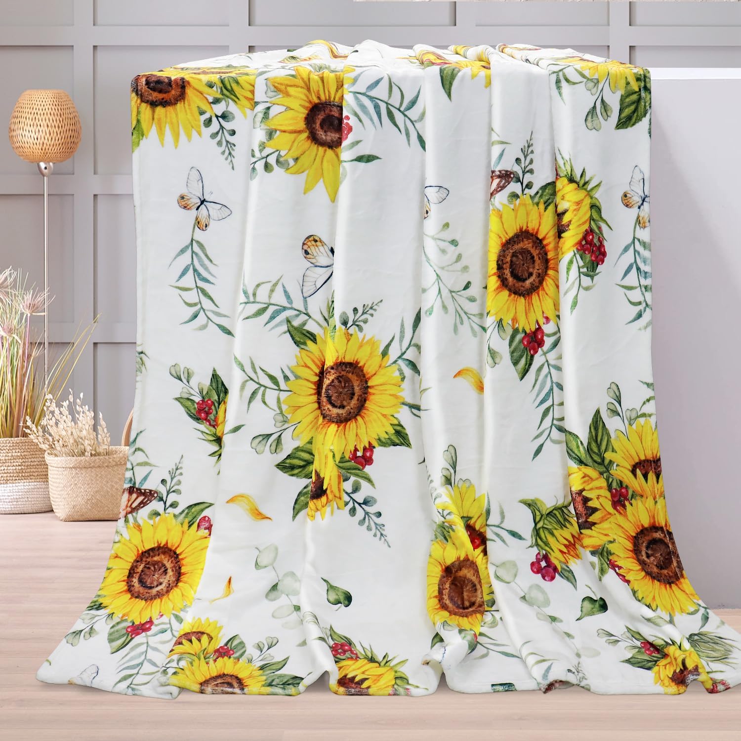 Sunflower Butterfly Throw Blanket Super Soft Flannel Throw Blanket Lightweight, 50"X60"