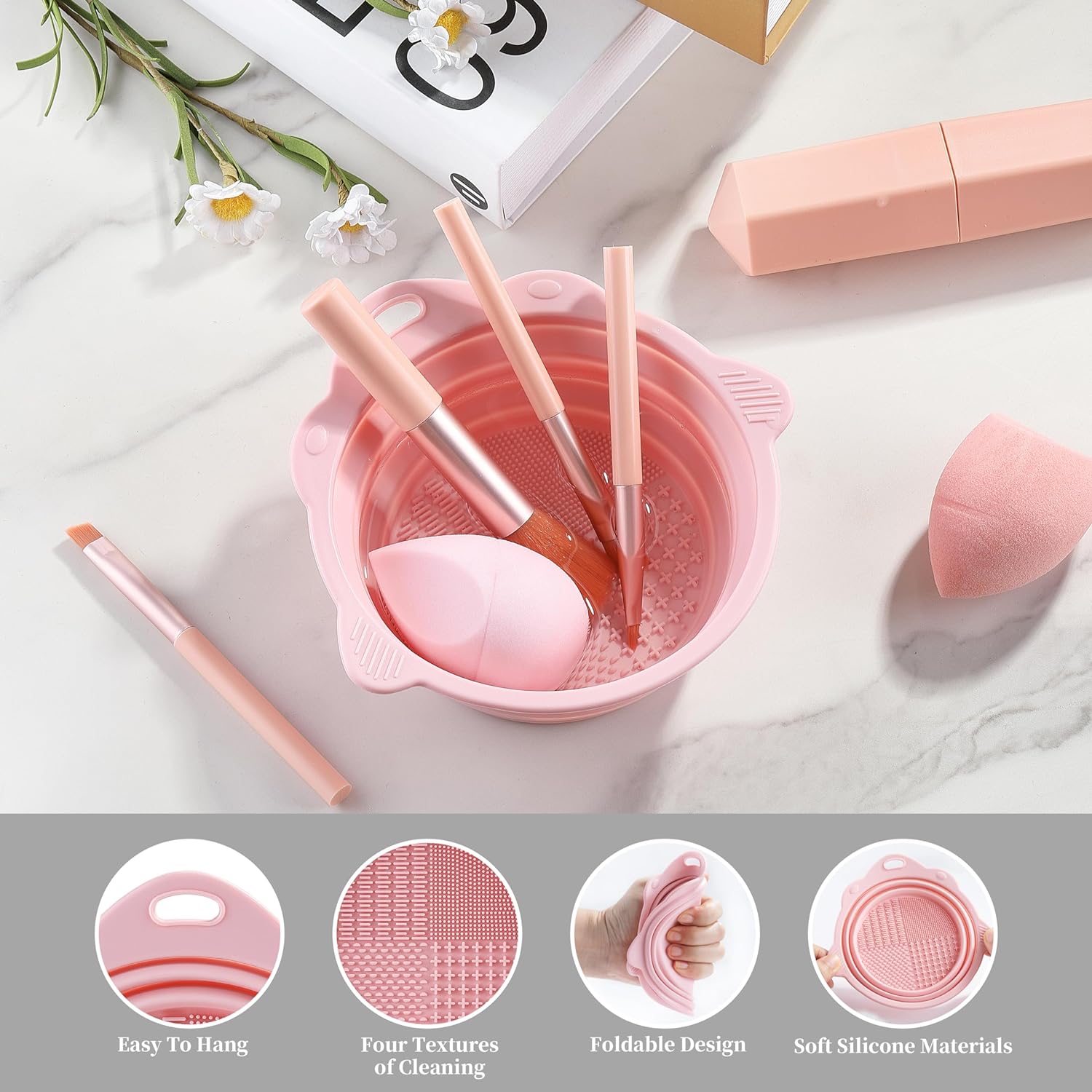 2 Pieces Foldable Silicone Makeup Cleaning Tools for Brushes, Sponge and Puff, Portable Make up Brush Cleaner for Travel (Pink, Gray)