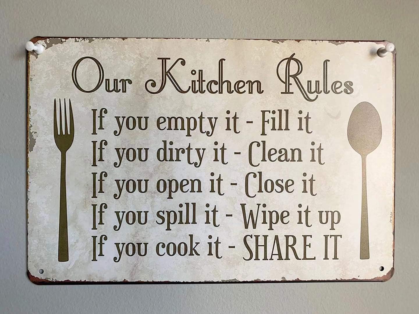 Kitchen Rules Plaque Wall Decor Rustic Metal Tin Sign (12X8-Inch)