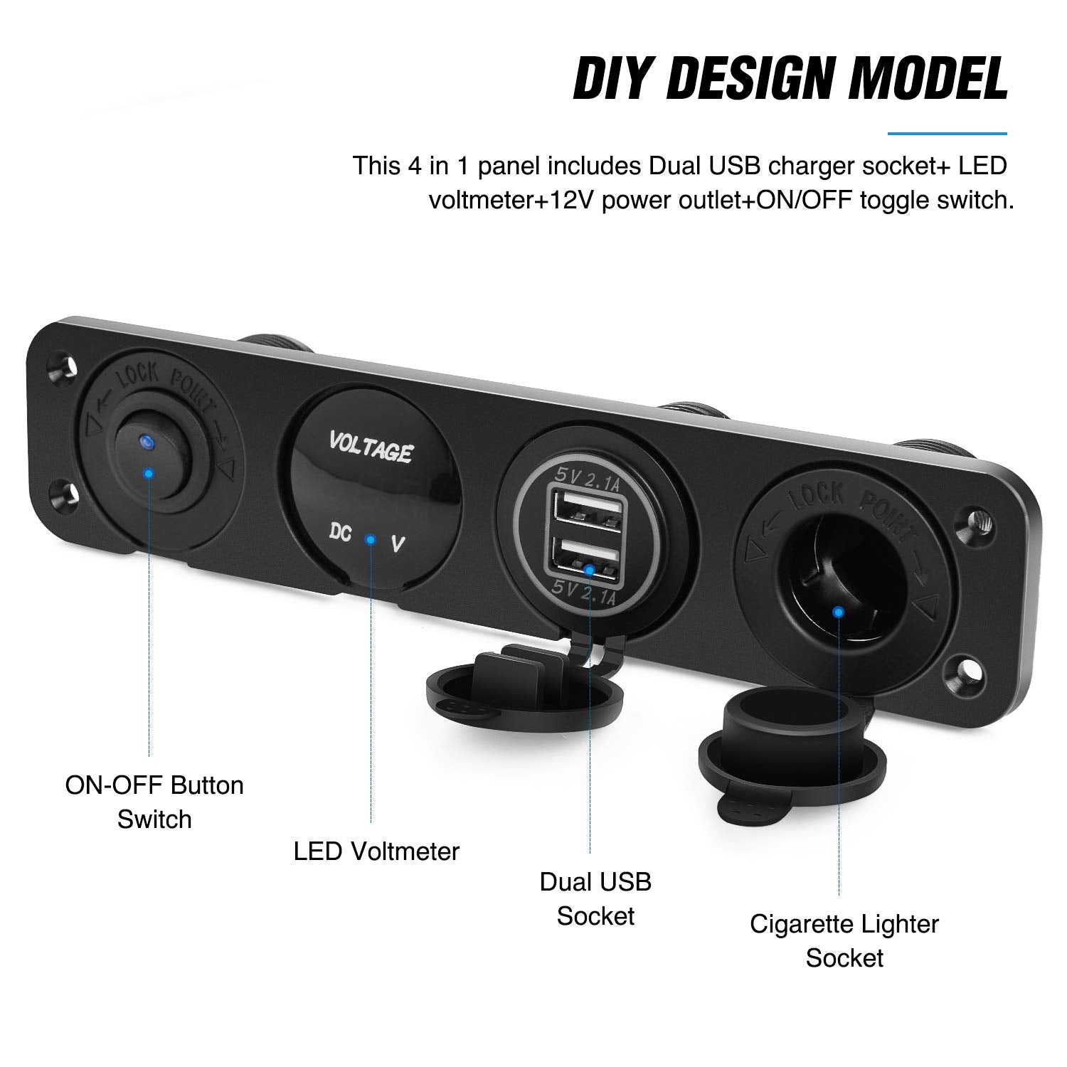 4 in 1 on/off Charger Socket Panel Dual USD Power Outlet & LED Voltmeter