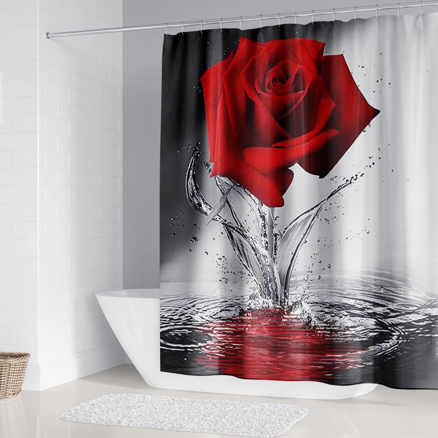 4PCS Red Rose Shower Curtain Sets with Non-Slip Rugs ,Toilet Lid Cover and Bath Mat