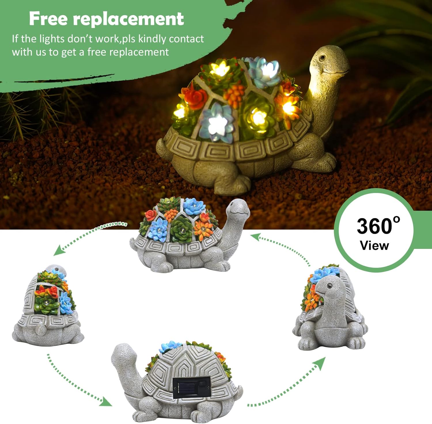 Solar Garden Statue Turtle Figurine 7 LED Lights (Turtle)