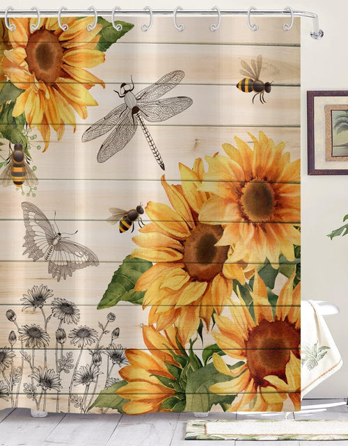 Load image into Gallery viewer, Sunflower Shower Curtain, Country Wooden Plank Yellow Floral Bee Dragonfly Machine Washable Waterproof, 72Wx74H
