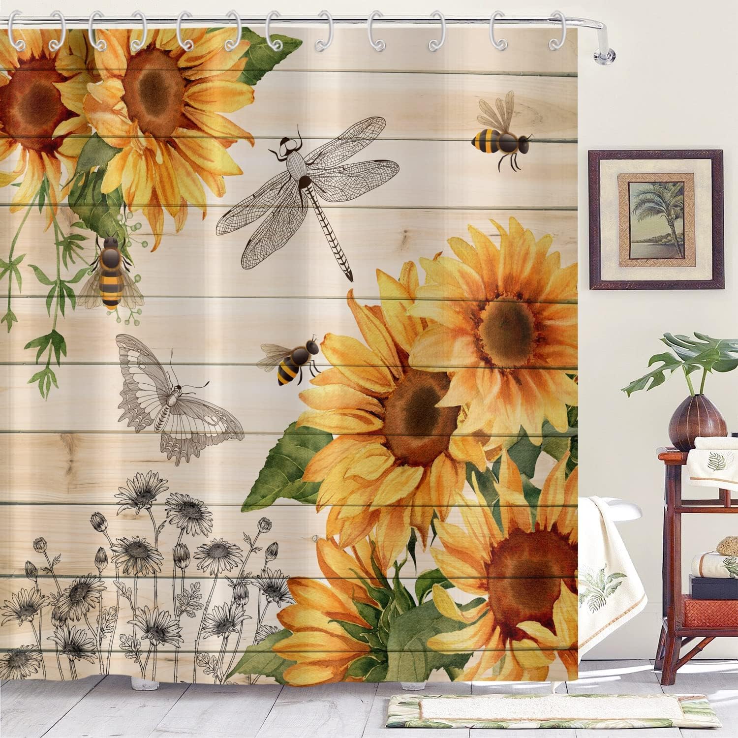 Sunflower Shower Curtain, Country Wooden Plank Yellow Floral Bee Dragonfly Machine Washable Waterproof, 72Wx74H