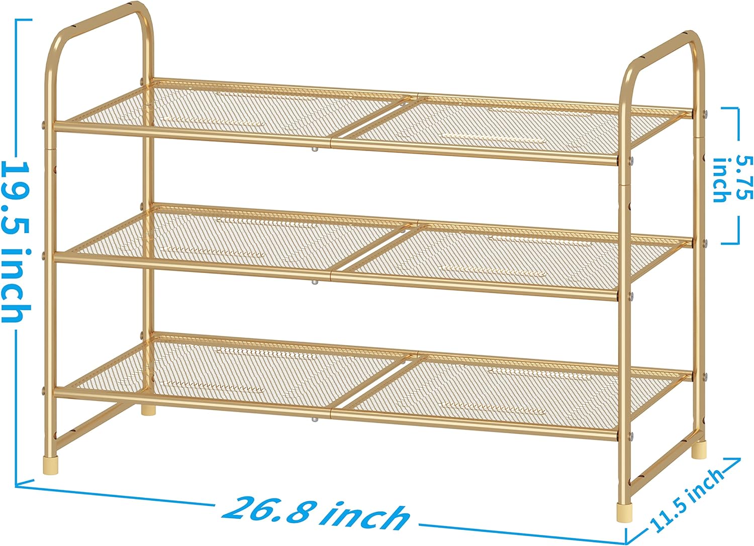 3-Tier Stackable Shoe Rack, Expandable & Adjustable Shoe Shelf Storage Organizer, Metal Mesh, Gold