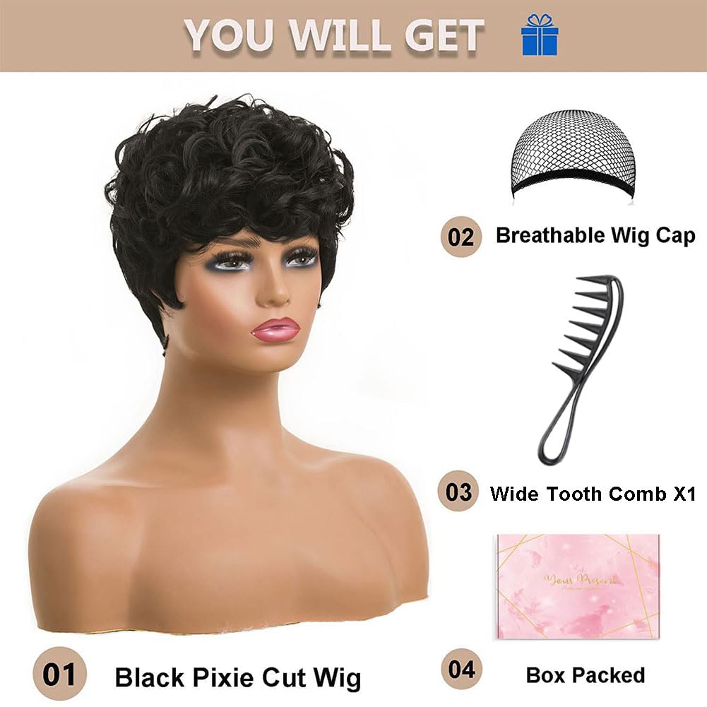 Short Black Curly Pixie Wigs Synthetic Hair Wigs for Black Women Natural Wavy