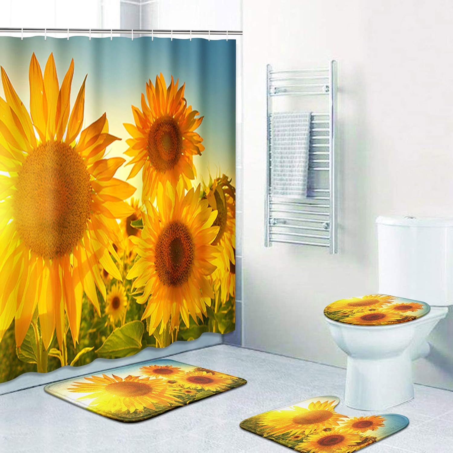 4 Pcs Shower Curtain Set Sunflowers Countryside Field Floral Sunset Yellow with Non-Slip Rugs Toilet Lid Cover , 72" x 72"