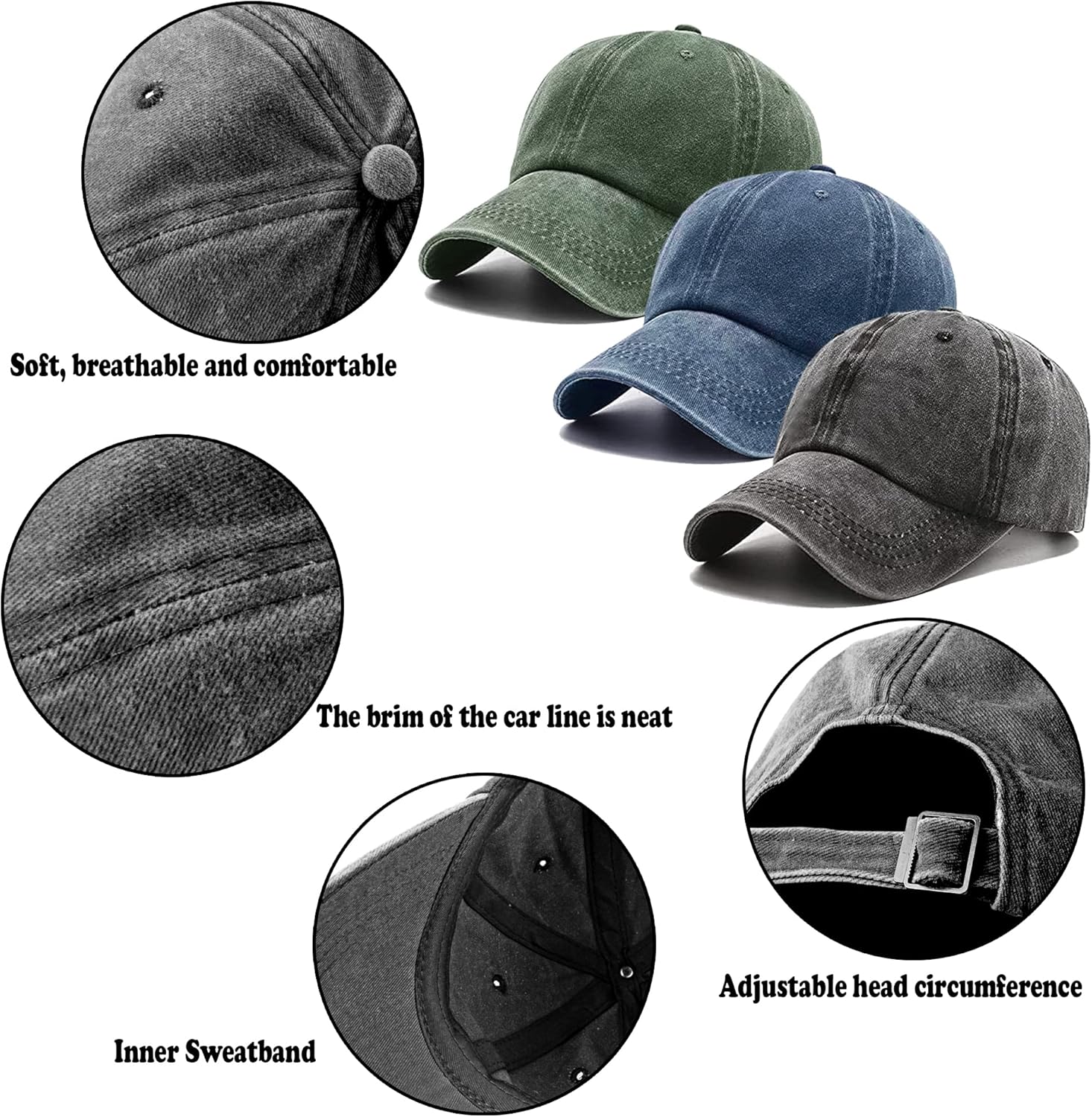 3 Pack Washed Plain Vintage Baseball Cap Cotton Adjustable Twill Bulk Low Profile Classic Dad Hat (Dark Green+black+navy Blue)