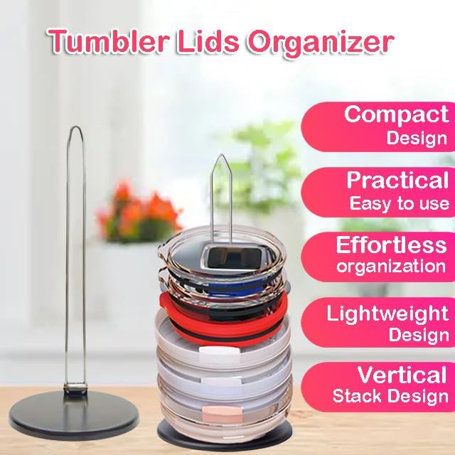 Tumbler Lid Organizer - Space Saving Design - Vertical Lids Storage Rack, Metal Black