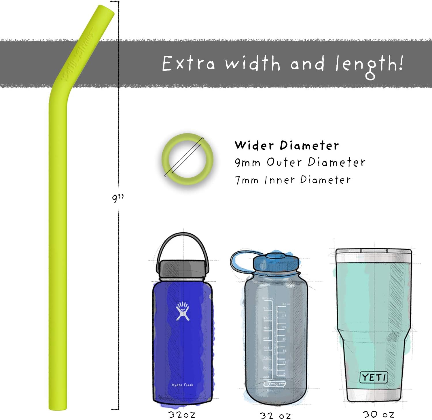 Wide Premium Reusable Silicone Drinking Straws, 9” Long With Curved Bend for 20 30 32 oz Tumblers Non Rubber,