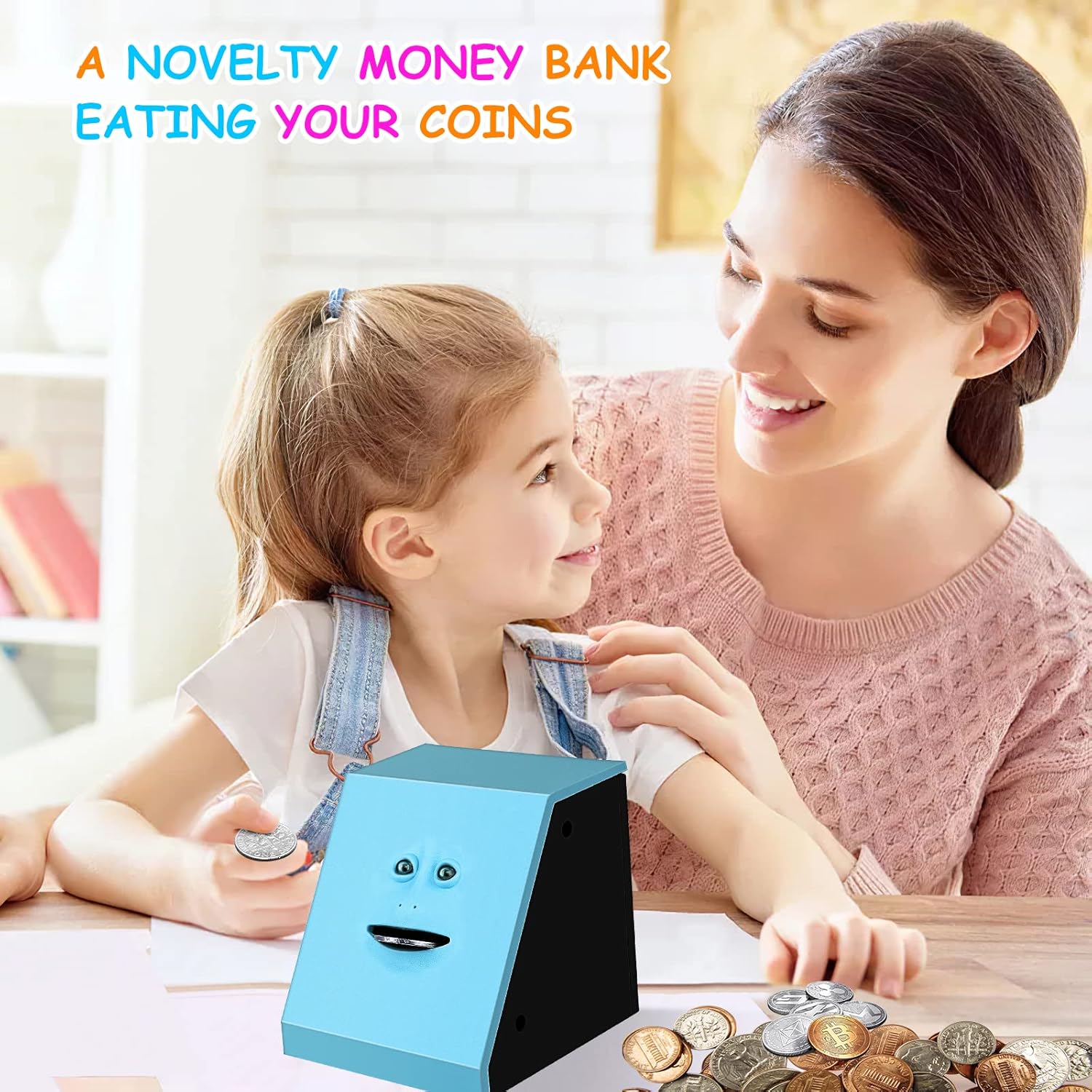 Face Bank, Face Money Eating Box Cute Facebank Piggy Bank for Coins Box Brick Automatic Money Coin Saving Bank, Blue