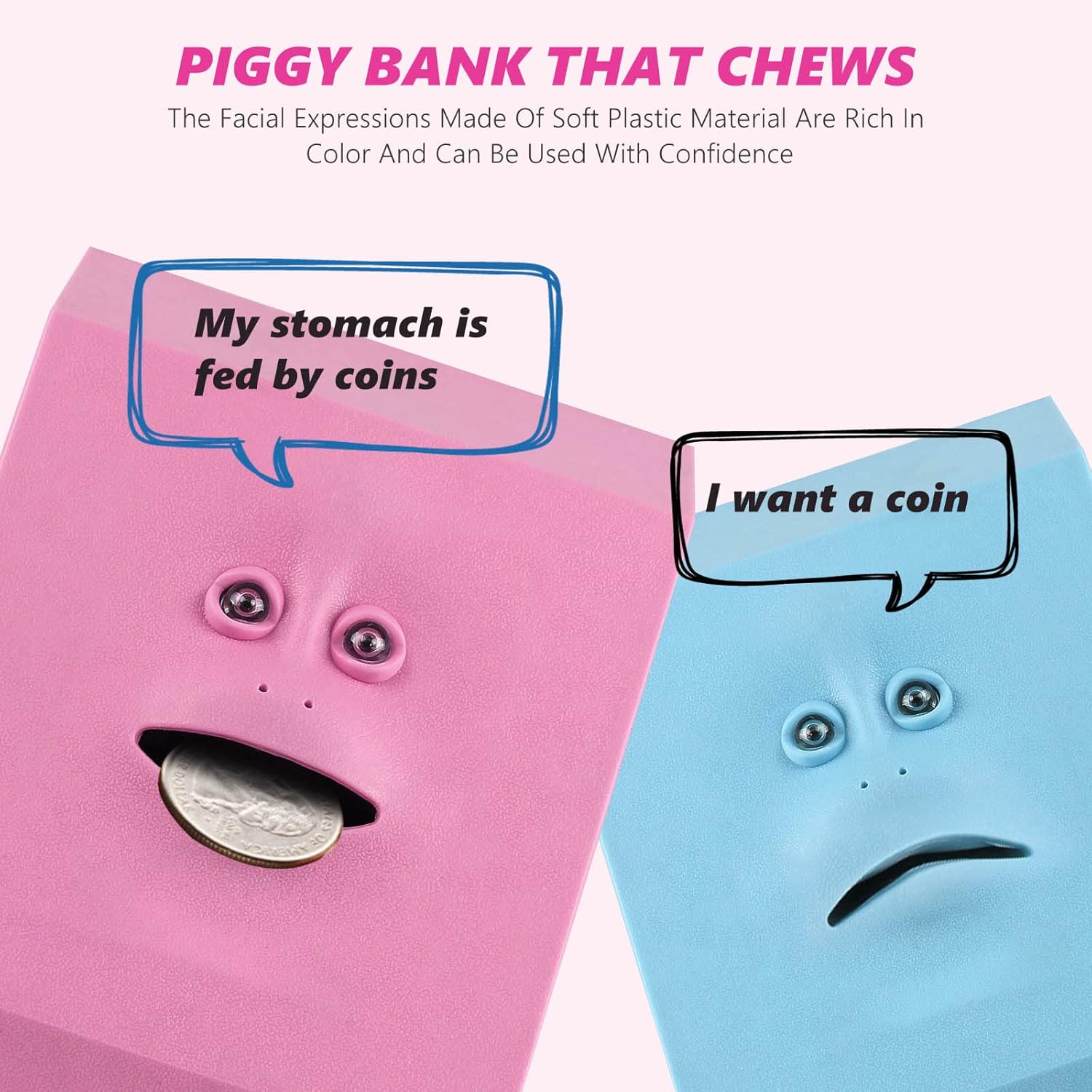 Face Bank Coin Eating Savings Bank, Blue Coin Money Box Piggy Banks for Kids Battery Operated (Pink)