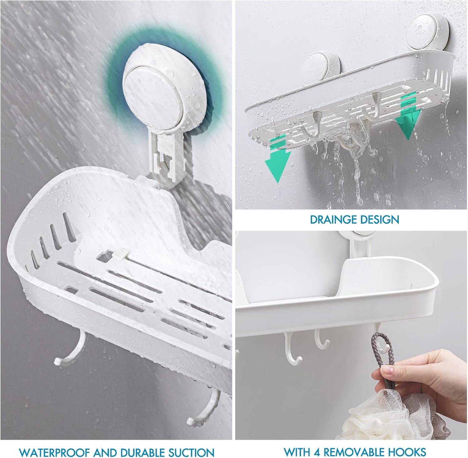 Suction Shower Caddy with 4 Hooks, Bathroom Shower Basket Wall Mounted Shower Organizer for Shampoo, Body Wash,Conditioner