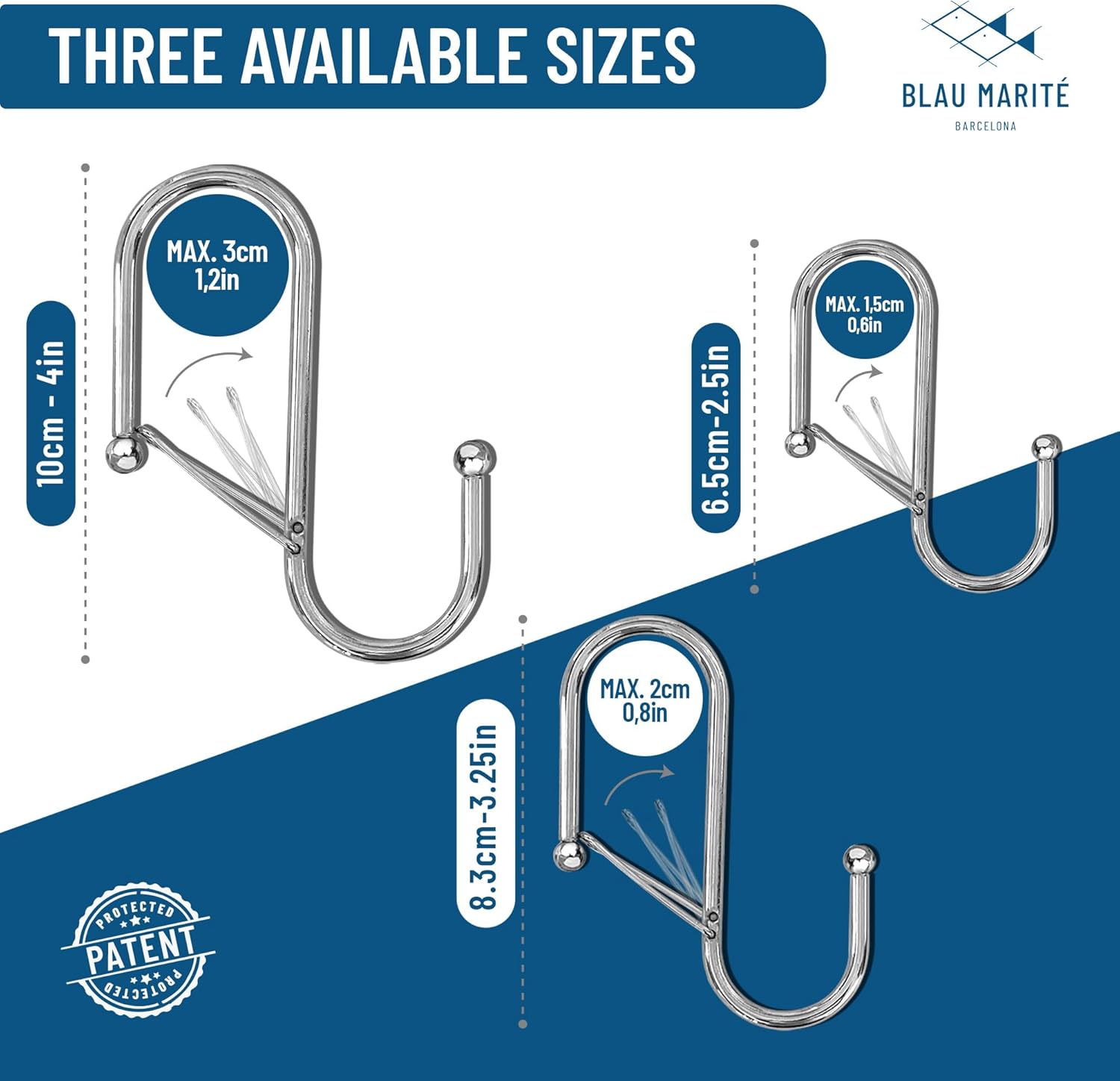 10 Metalic S-Hooks with Anti-Fall System. Anti Drop S-Shaped Hook with Safety Buckle to Prevent Falls. Heavy Duty. (Silver, 3.25in Long (Diameter Rod<0.8in))