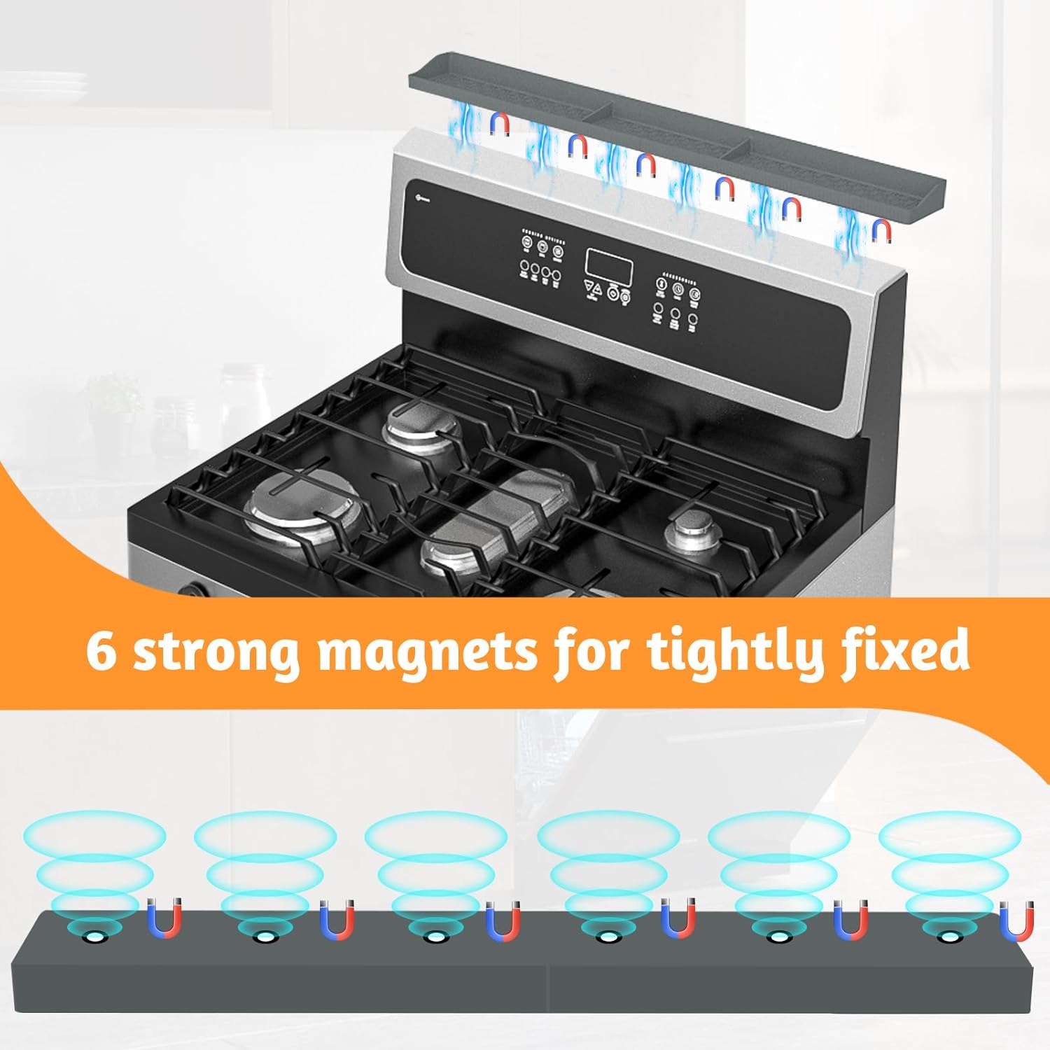 30 Inch Silicone Stove Top Shelf Magnetic for Kitchen, Soft Flexible Strong Magnetic Heat Resistant Spice Rack Organizer for Over Stove Oven - Grey