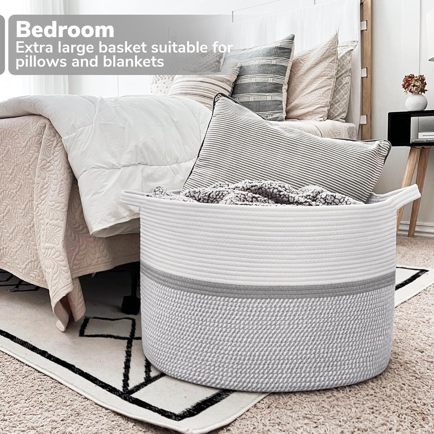 XXL Extra Large Cotton Rope Woven Basket, Throw Blanket Storage Basket with Handles, Decorative Clothes Hamper - 22" x 22" x 14" Gray