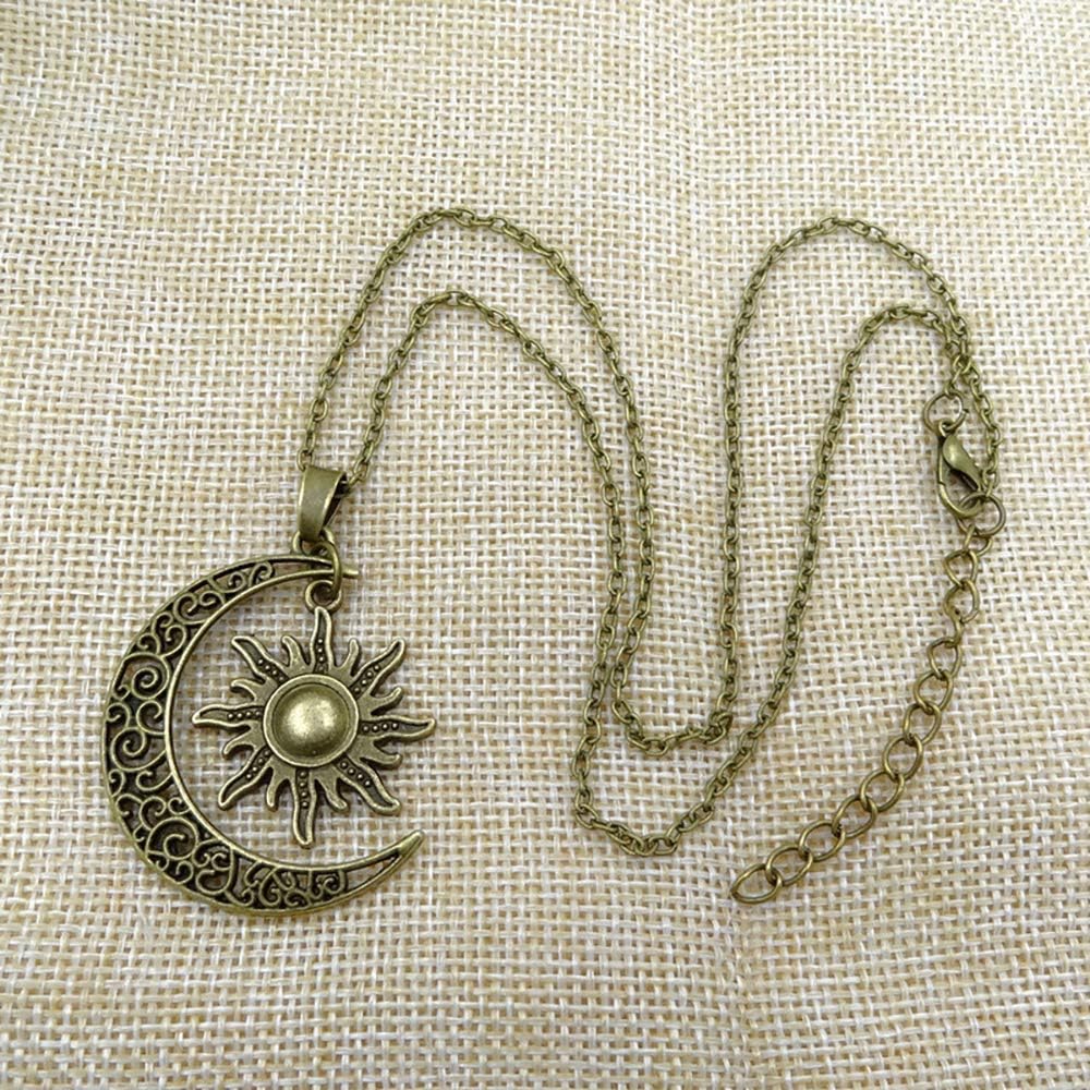 Vintage Bronze Crescent Moon and Sun Pendant Necklace Retro Swirl Filigree Unisex Jewelry Gifts