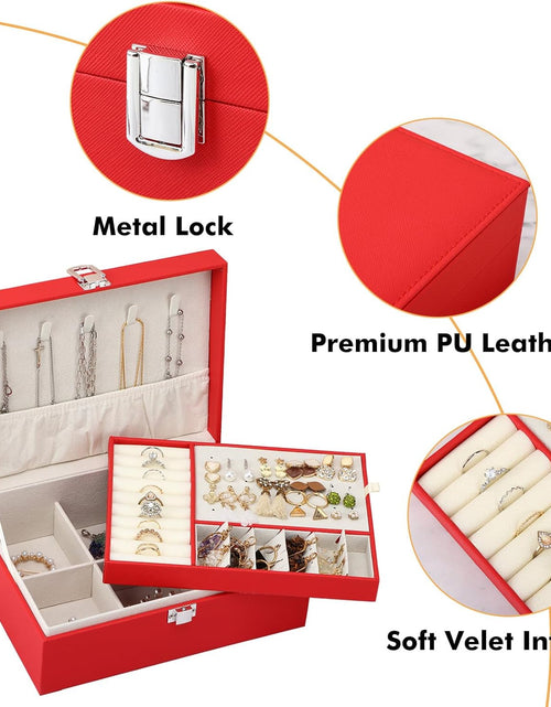 Load image into Gallery viewer, 2-Layer Jewelry Organizer Box with Removable Tray, Gift Jewelry Storage Case for Storage Earrings Necklaces Rings Bracelets Watches (Red)
