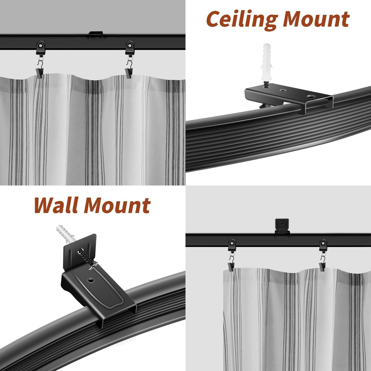 10Ft Flexible Bendable Curtain Track Black Curved Curtain Rail Wall Mount Sliding Ceiling Track System Set for Bay Window RV Room Divider