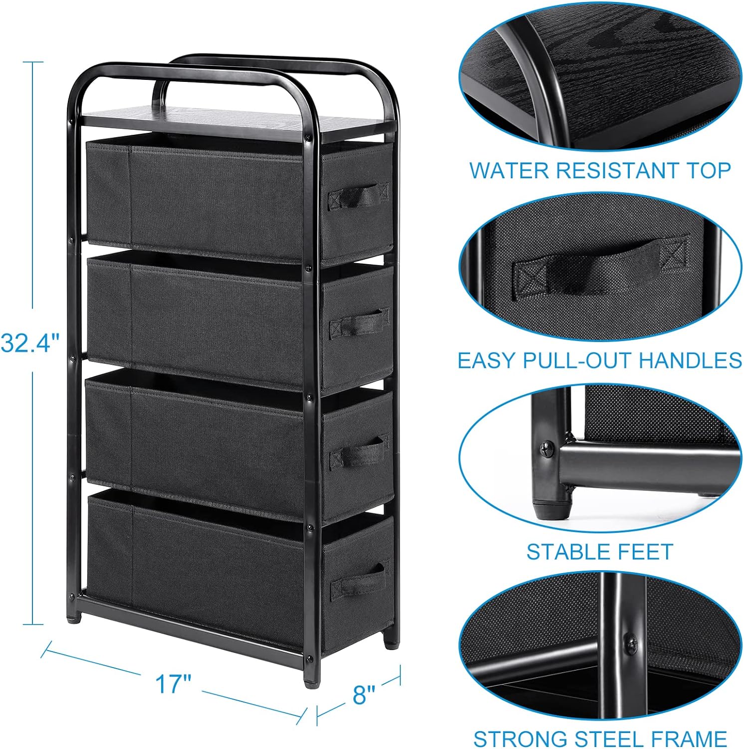 4 Drawer Narrow Dresser Fabric Storage Tower Vertical Slim Chest Organizer Black)