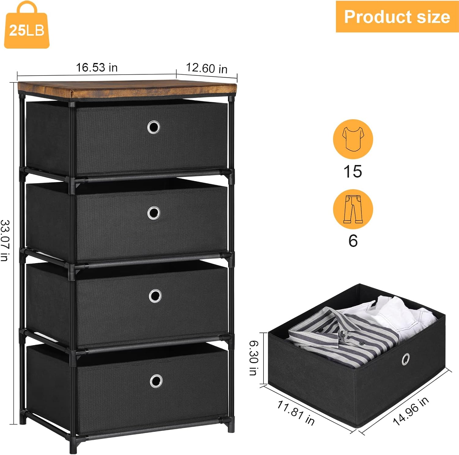 4 Drawers Storage Organizer Unit for Closet, Easy Assembly Closet Dresser for Dorm, Bedroom, Hallway, Storage Bins (Black)