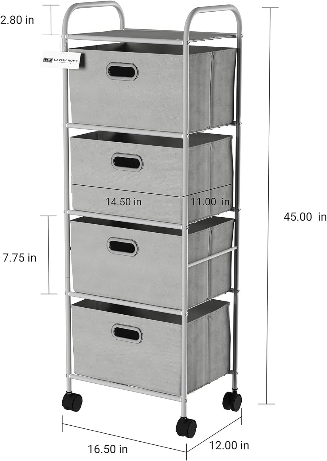 4 Drawer Storage Organizer, Rolling Fabric Bin Storage Cart with Wheels and Metal Frame, Gray