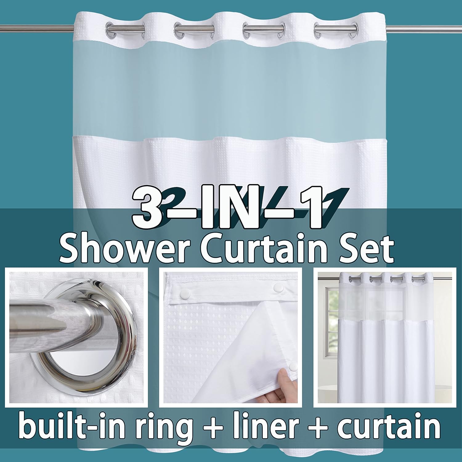 Extra Long Shower Curtain Set Hotel Grade with Snap in Liner for Bathroom Fabric with See Through Top Window (White,71W x 84H)