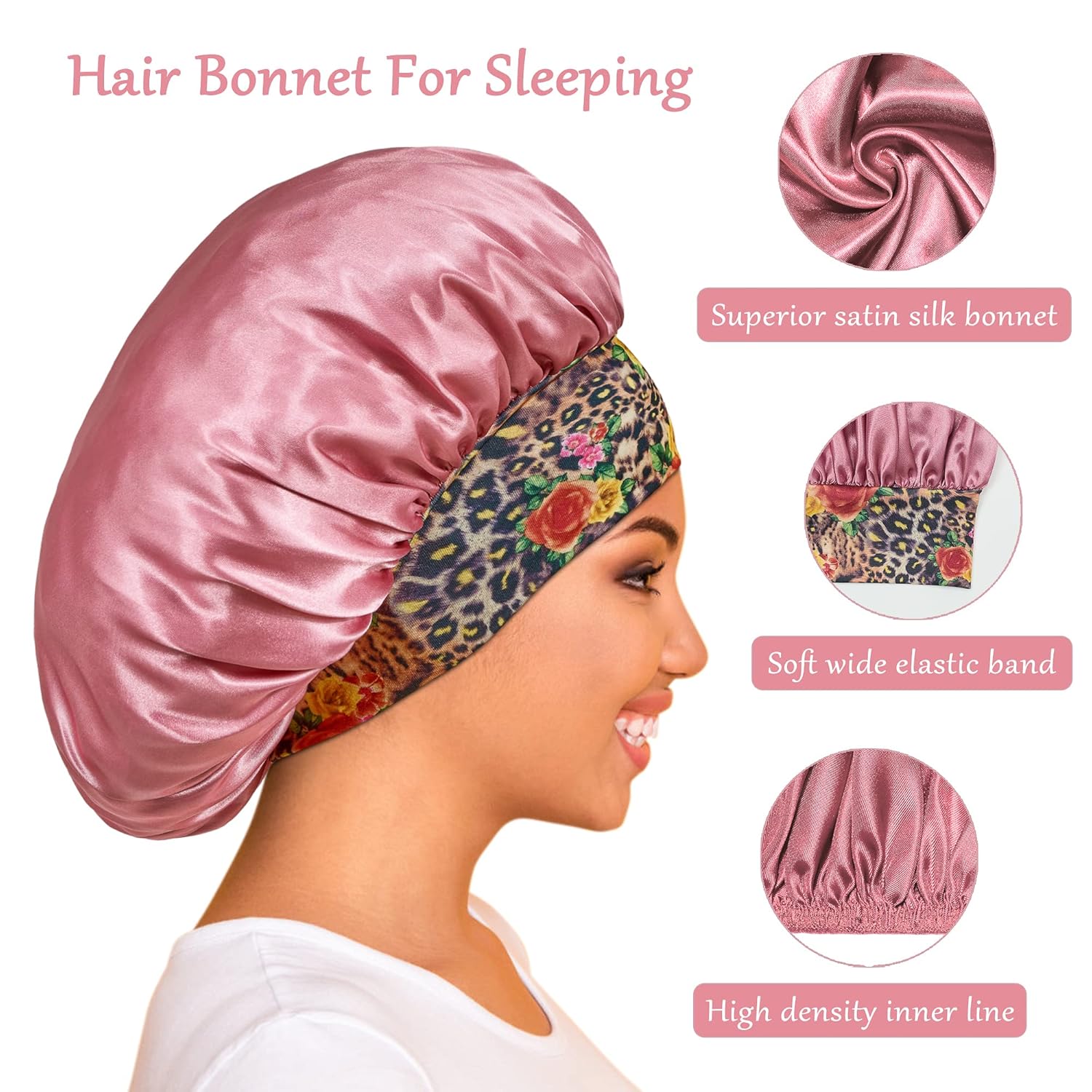 3 Pack Satin Bonnet Silk Bonnet for Sleeping, Sleeping Large Sleep Cap, Wide Soft Band Bonnet for Curly Hair, Set 1