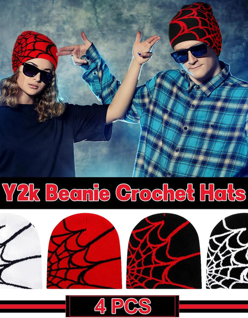 Load image into Gallery viewer, 4 Pcs Y2K Beanies Spider Web Pattern Beanie Gothic Acrylic Knitted Hat Casual Streetwear Outdoor Beanies for Men, Classic
