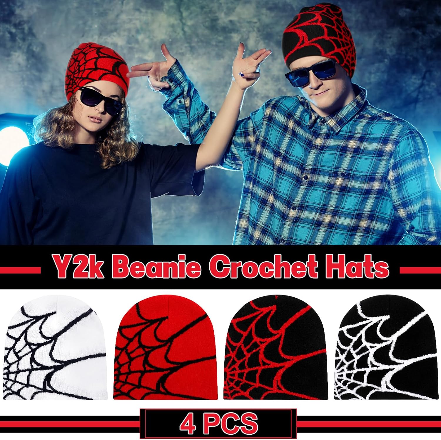 4 Pcs Y2K Beanies Spider Web Pattern Beanie Gothic Acrylic Knitted Hat Casual Streetwear Outdoor Beanies for Men, Classic