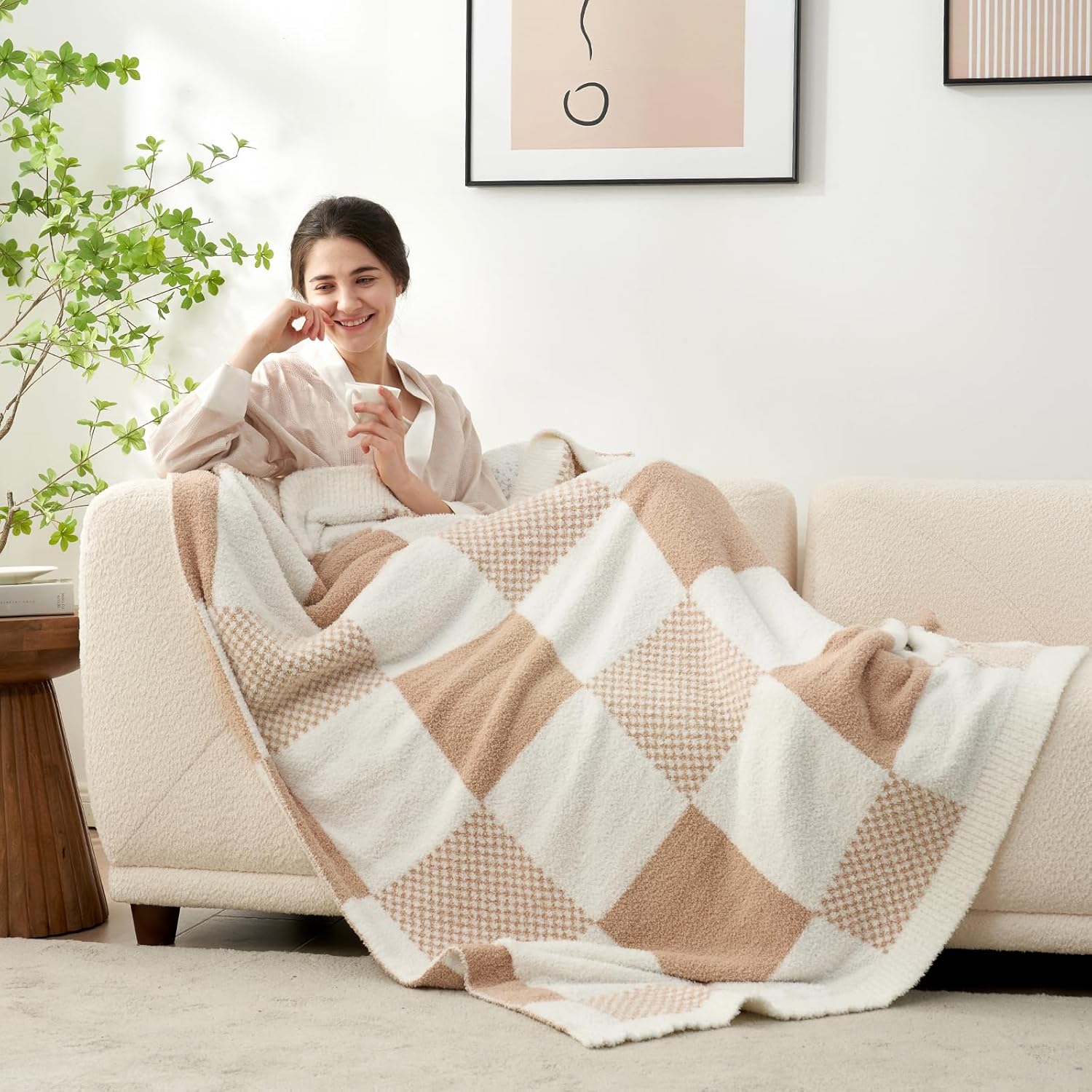 Sac Checkered Blanket, Beige Throw Blanket for Couch Plaid Microfiber Fluffy Warm Cozy Fuzzy Soft, 50x60 inches