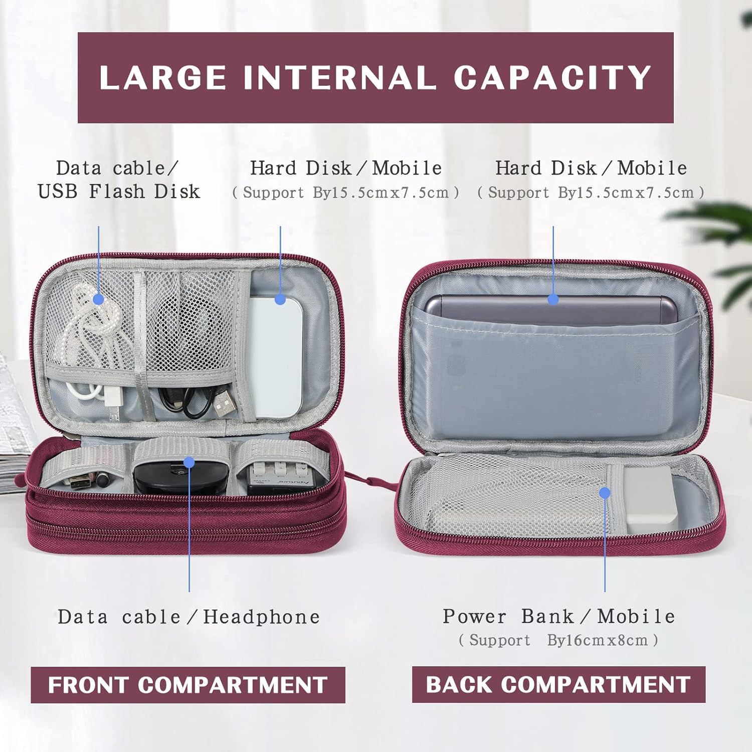 Travel Cable Organizer Bag Pouch Electronic Accessories Carry Case Portable Waterproof Double Layers, Small Wine Red