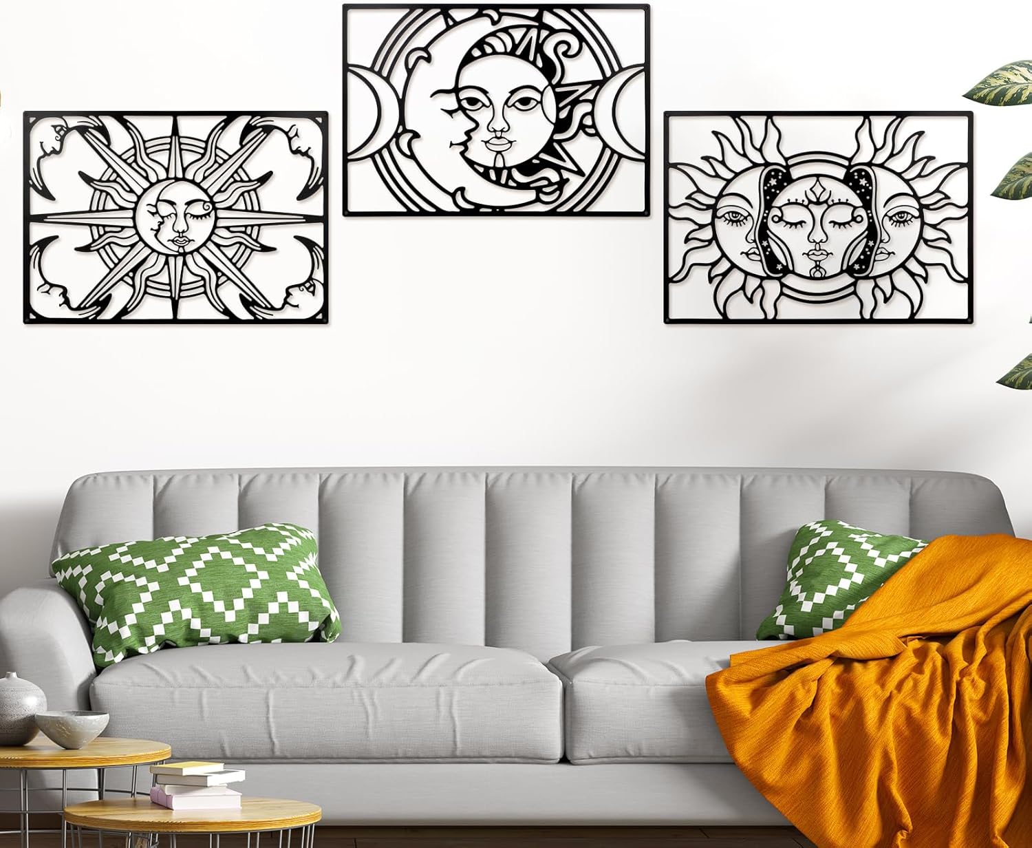 3 Pcs Sun and Moon Metal Decor, 15.75 x 10.63 inches, Black, Modern, Indoor and Outdoor, 3D Visual Effect