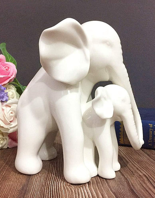 Load image into Gallery viewer, White Porcelain Mother and Baby Elephant Statue/Figurine in High Gloss Finish
