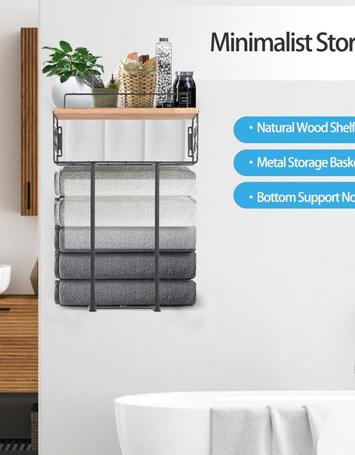 Load image into Gallery viewer, Towel Rack Wall Mounted for Small Bathroom, Wood Shelf with Metal Basket, 3 Tier Bathroom Towel Storage, Mattle Black-Lightbrown
