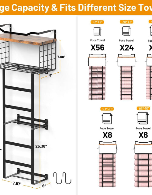 Load image into Gallery viewer, Towel Rack Wall Mounted with 2 Pack Towel Shelf and a Wire Basket Storage and Organizer, Sturdy Metal &amp; Wood, Black
