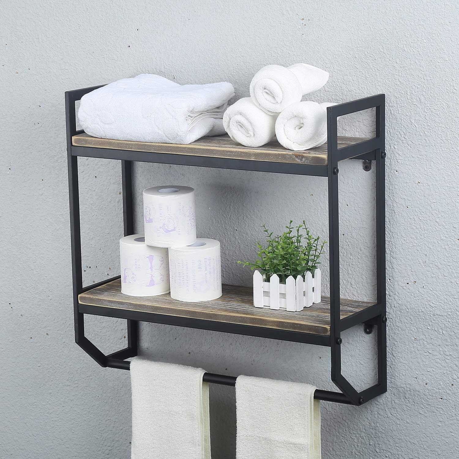 2-Tier Metal Industrial 23.6" Bathroom Shelves Wall Mounted,Rustic Wall Shelf Over Toilet Towel Rack with Towel Bar, Black Brush Silver