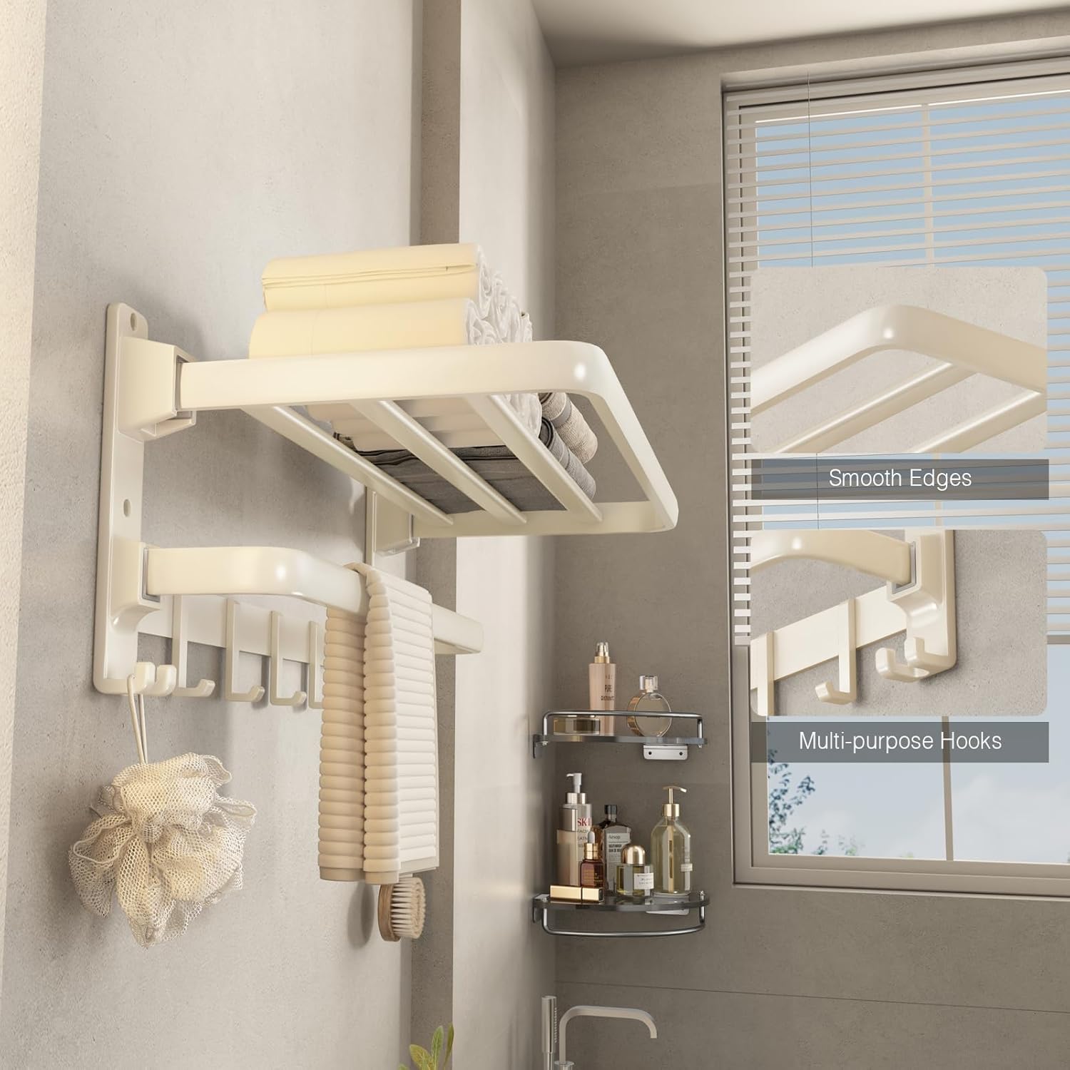 24-Inch Towel Shelf with Towel Bar Foldable Towel Holder with 7 Hooks Towel Storage Organizer, Cream White