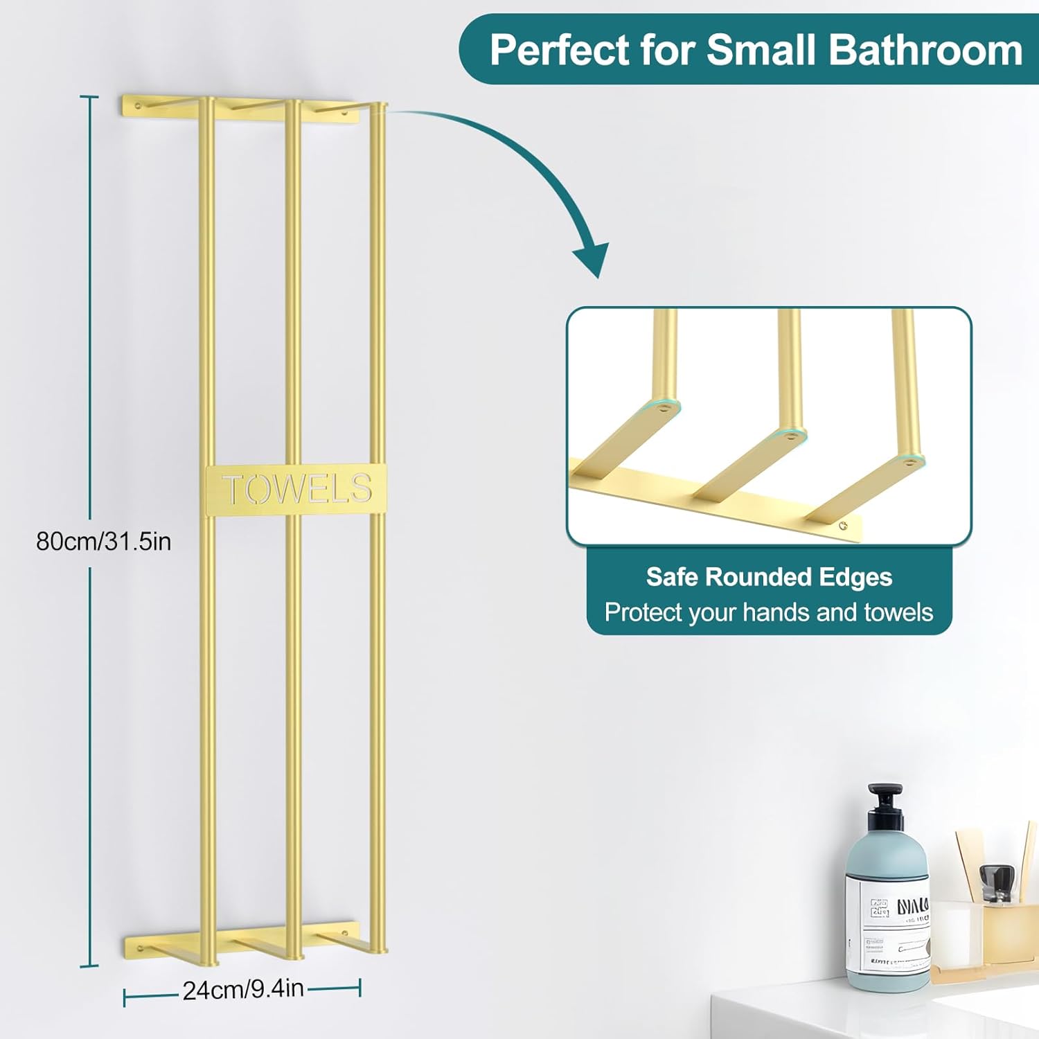 3 Bar Towel Storage for Small Bathroom, 31.5in Bath Towel Holder for Rolled Towels, Gold