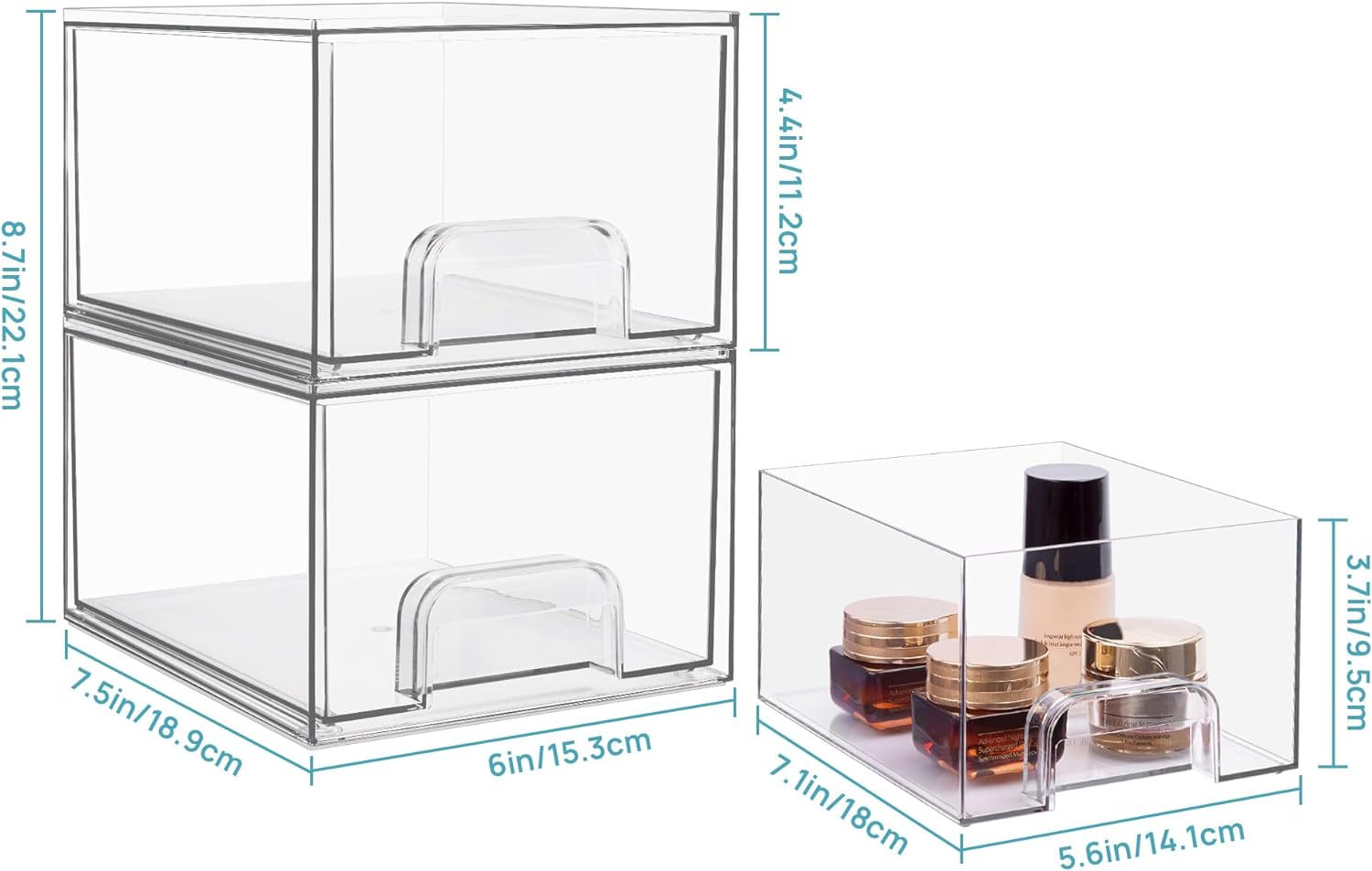 4 Pack Clear Stackable Storage Drawers, 4.4'' Tall Acrylic Bathroom Makeup Organizer,Plastic Storage Bins For Vanity