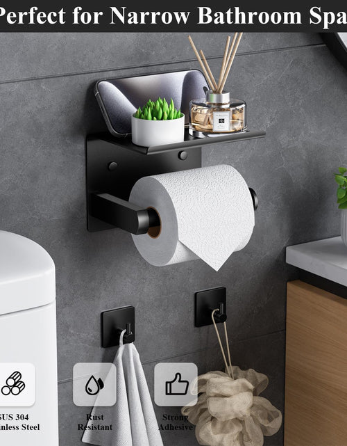 Load image into Gallery viewer, Toilet Paper Holder with Phone Shelf + Towel Robe Hooks, Adhesive or Screw Wall Mounted
