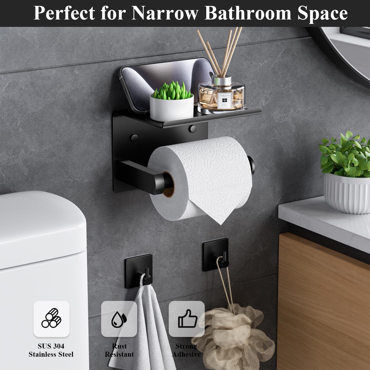 Toilet Paper Holder with Phone Shelf + Towel Robe Hooks, Adhesive or Screw Wall Mounted