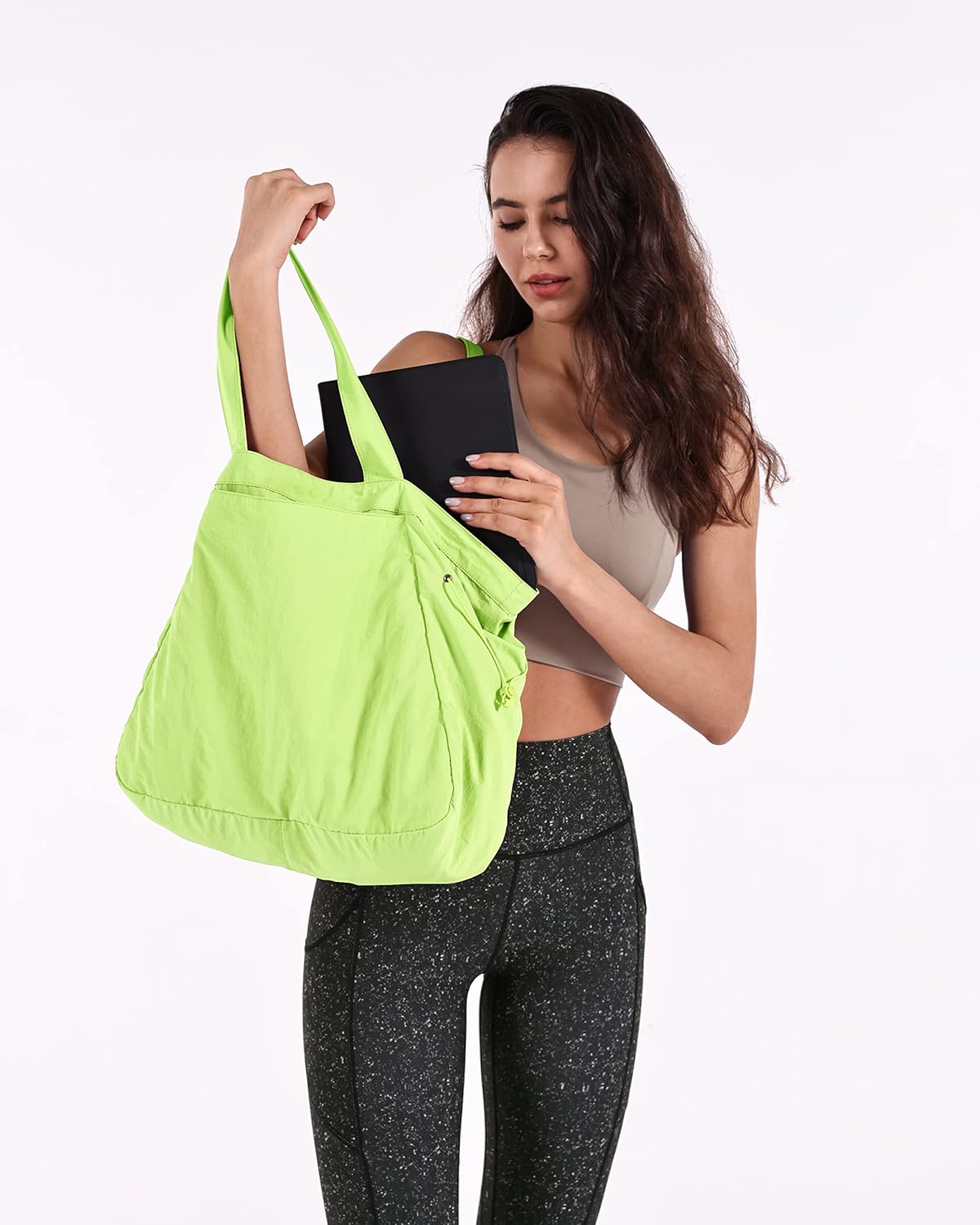 18L Side-Cinch Shopper Bags Lightweight Shoulder Bag Tote Handbag for Shopping Workout Beach Travel, Lime