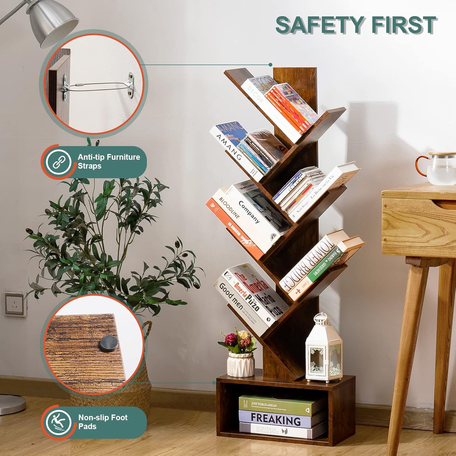 Tree Bookshelf - 6 Shelf Retro Floor Standing Bookcase, Tall Wood Book Storage Rack