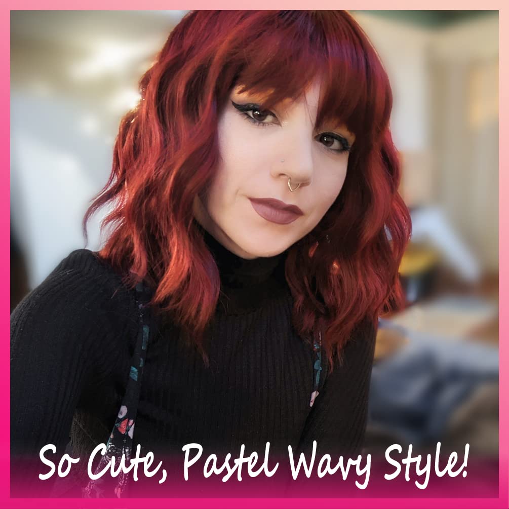 Short Wavy Red Bob Wig with Bangs, Realistic Colored Fun Shoulder Medium Length, 12 Inches