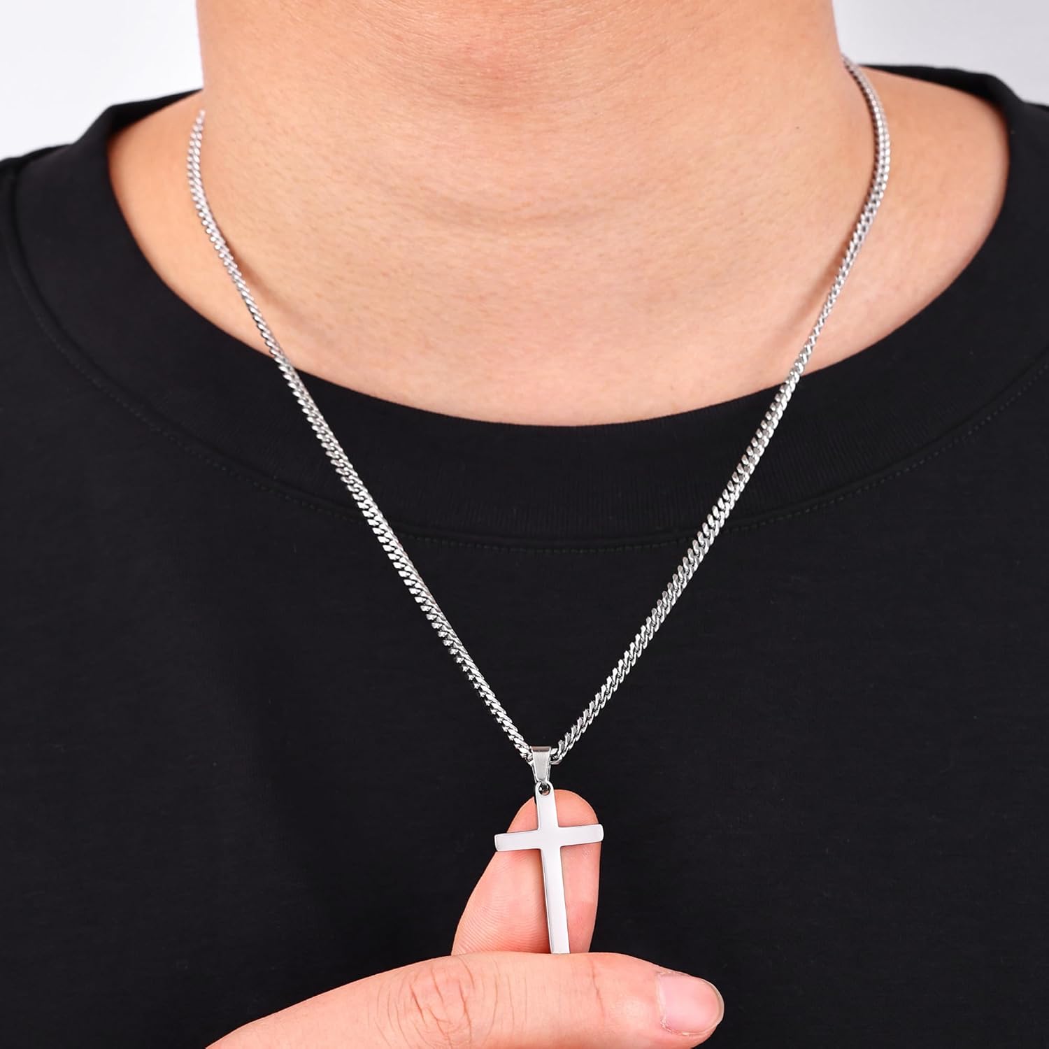 Cross Necklaces with 3.5mm Cross Chain and Stainless Steel Cross Pendant, Cuban Chain 16-28 Inch